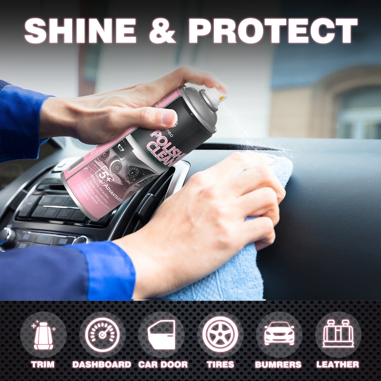 Car Interior Cleaner, Polishing Cleaner Detailer Spray for Vehicle Detailing, 450ml Aerosol 15 fl oz with Iron Can