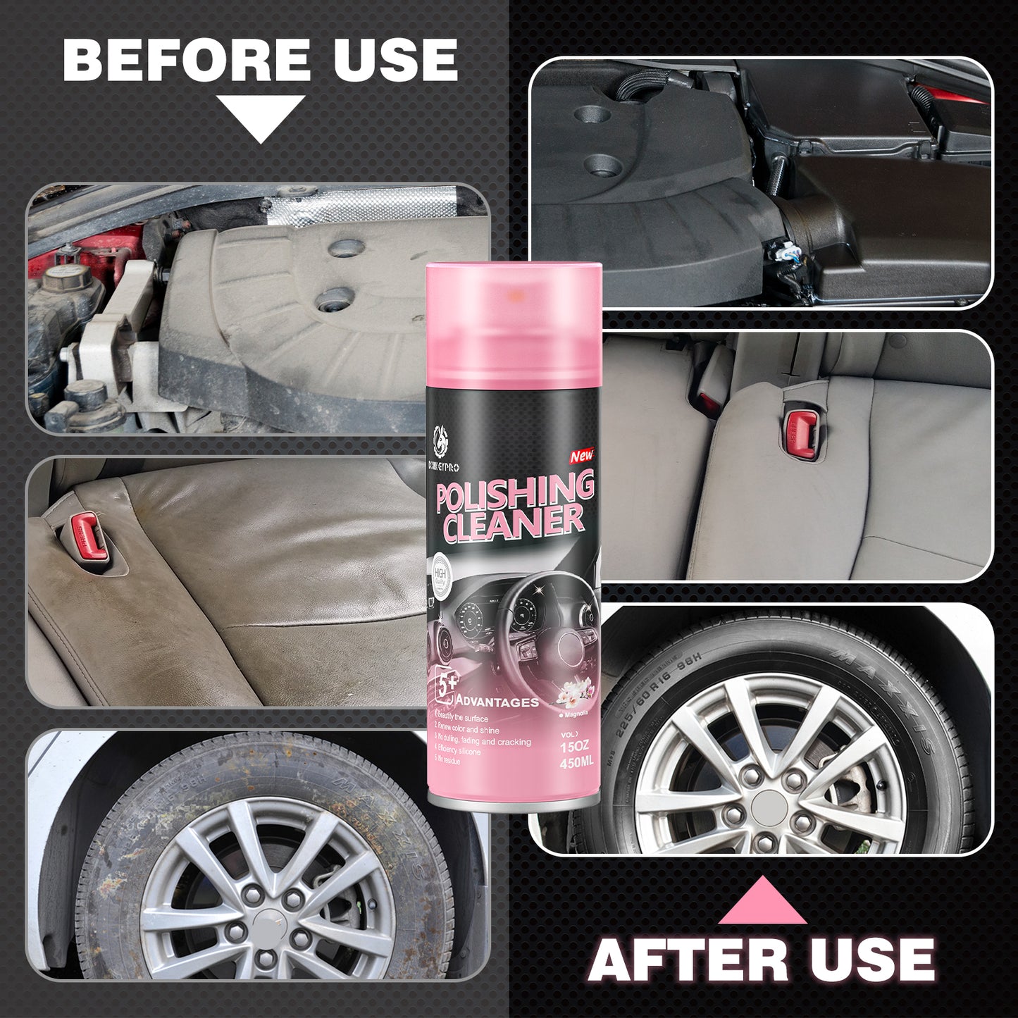 Car Interior Cleaner, Polishing Cleaner Detailer Spray for Vehicle Detailing, 450ml Aerosol 15 fl oz with Iron Can